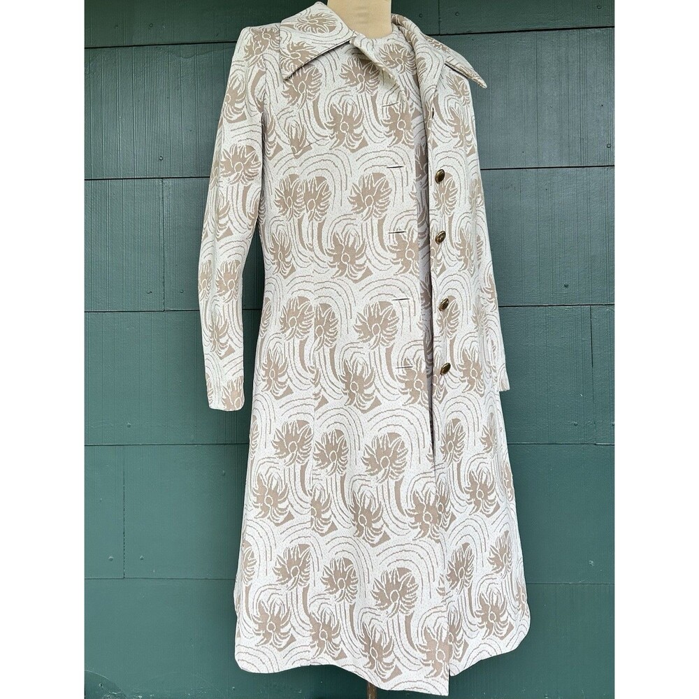 Vintage 60s 70s Shift Dress Coat Topper Set Jacquard Knit Mod Nouveau Small